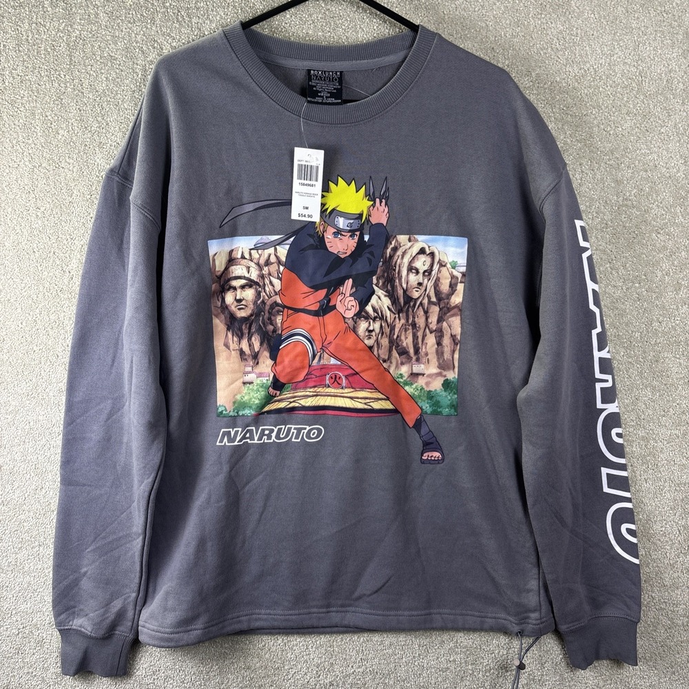 BoxLunch Naruto Sweatshirt Mens Small Gray Hokage Rock Toggle Hem NWT‎